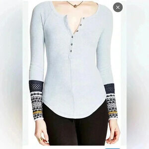 Free People Womens Newbie Ski Lodge Knit Cuff Thermal Henley Top Sz SP Lake Blue